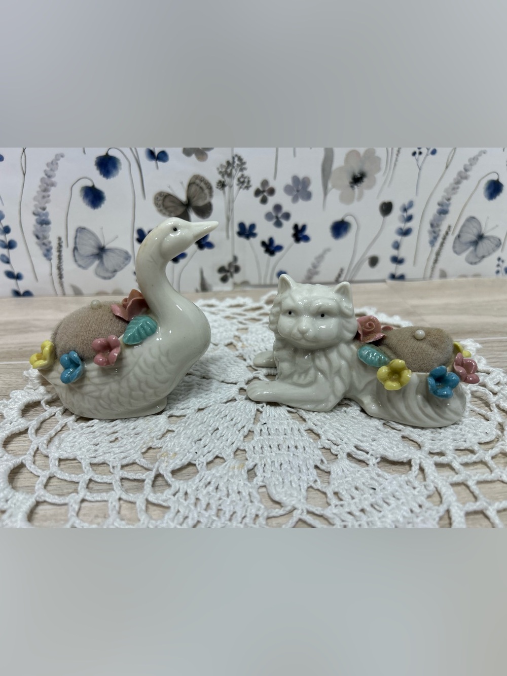Vintage Cat & Goose Ceramic Pincushion Figurines Set of 2
